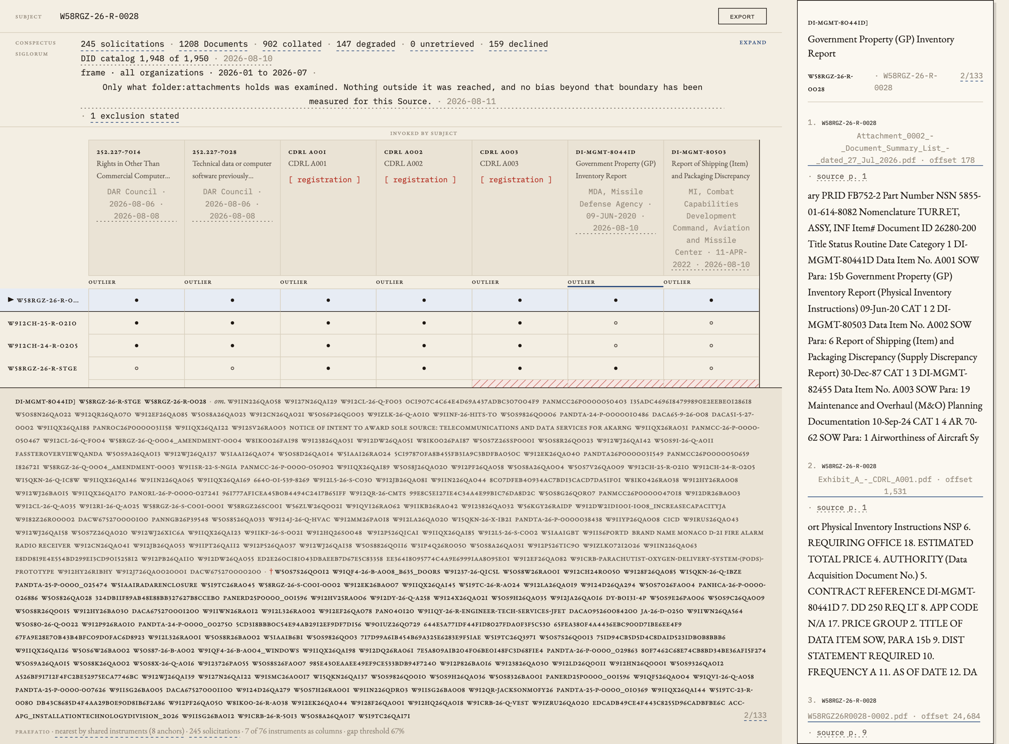 A cell panel open beside the grid, listing four citations for DI-MGMT-80441D, each naming a source PDF, a byte offset, a page number and the quoted text around it.