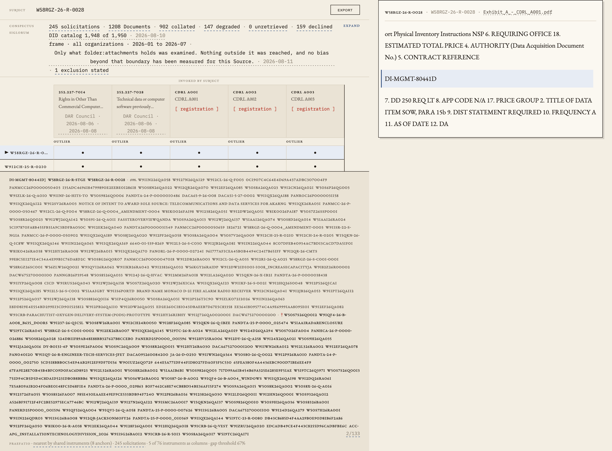 The document view showing the text of a CDRL exhibit with the string DI-MGMT-80441D highlighted in blue where it was cited.